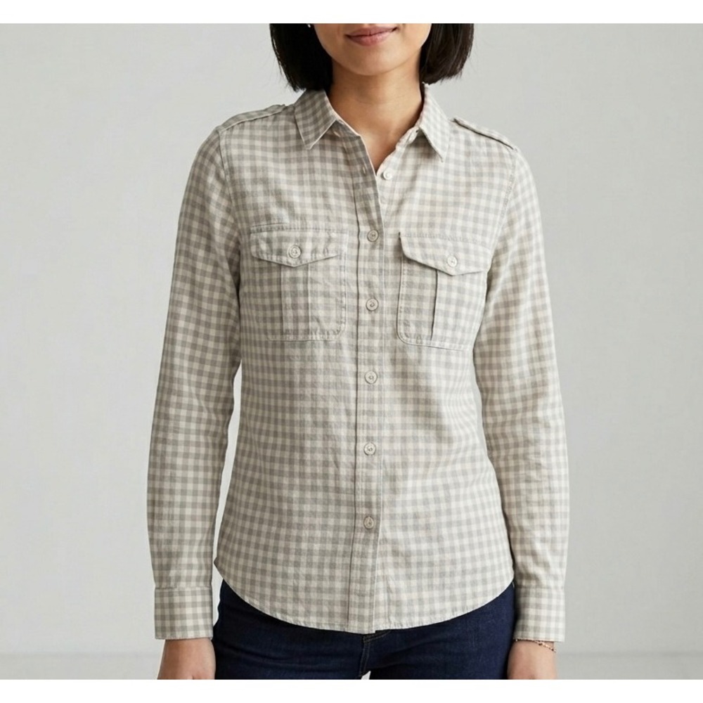 Filson Womens Gingham Button Down Shirt Cotton Linen Wool Tan Cream XS